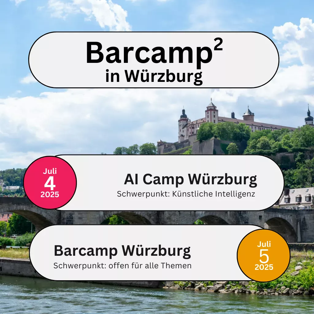 Teaserbild Barcamp Hoch 2 in Würzburg mit AI Camp am 4. Juli 2025 und Barcamp Würzburg am 5. Juli 2025